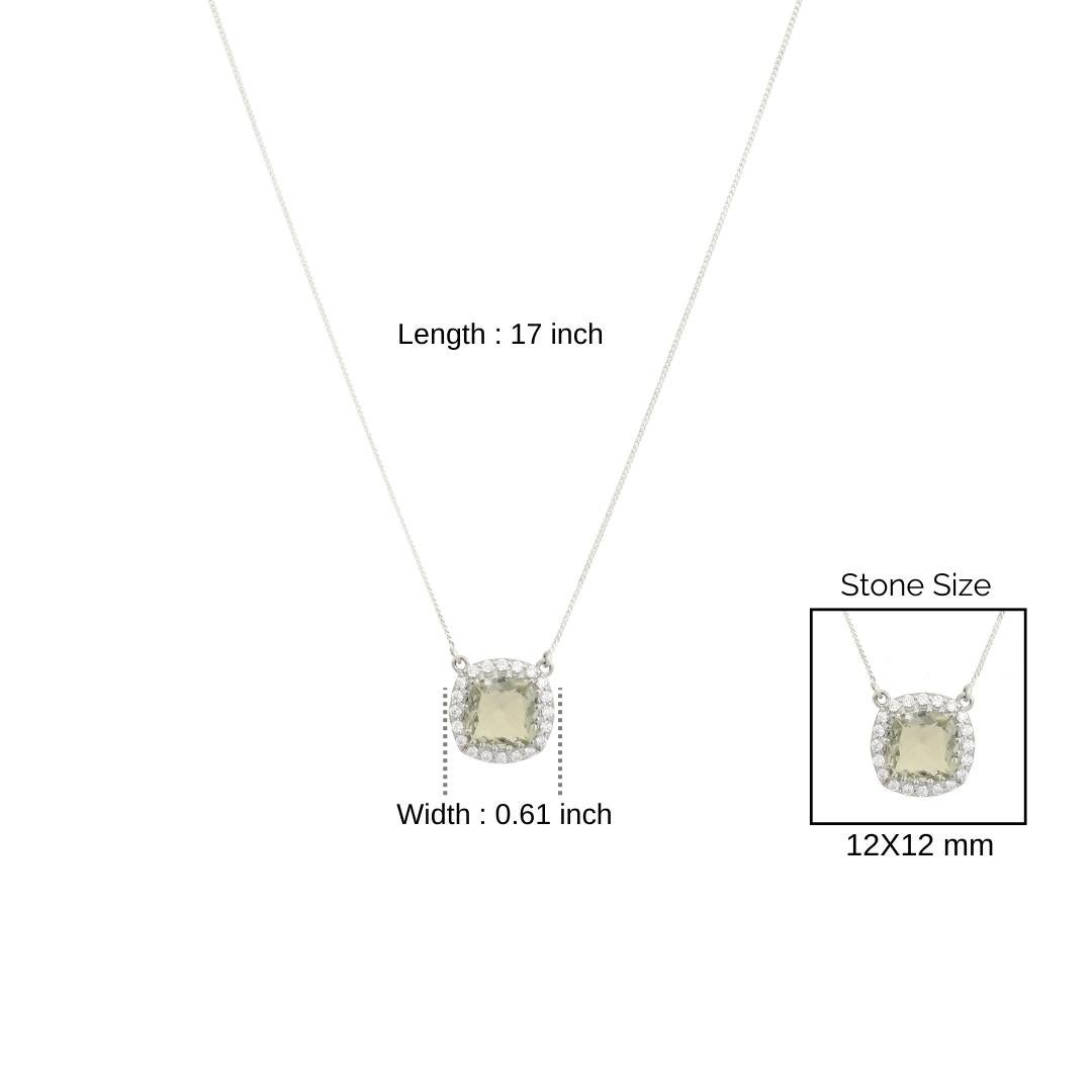 Silvorra Green Amethyst Cushion Pendant Necklace with Zircon Halo in 925 Silver in vendita 4