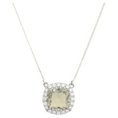 Silvorra Green Amethyst Cushion Pendant Necklace with Zircon Halo in 925 Silver