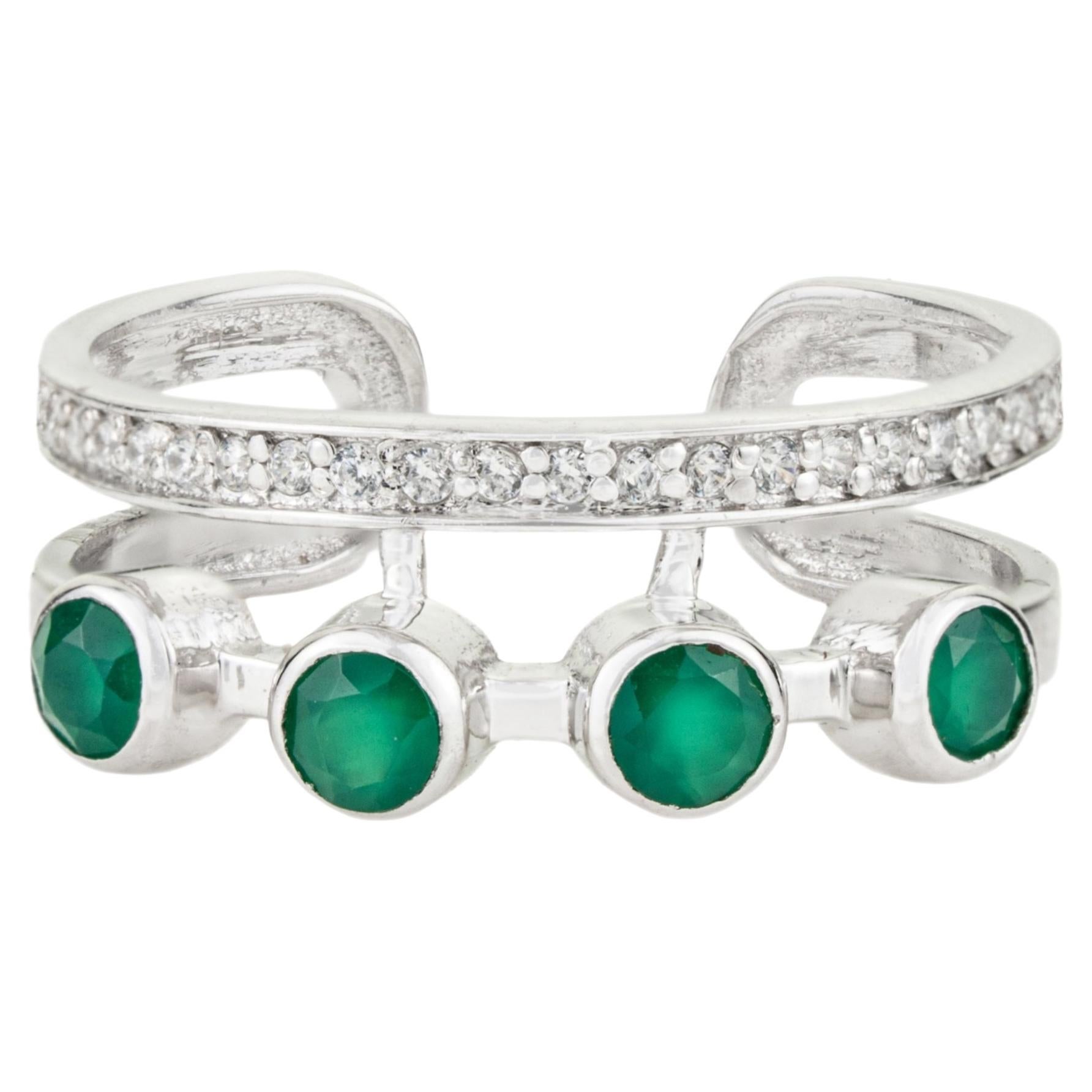 Silvorra Green Onyx & Zircon Geometric Double Band Ring in 925 Sterling Silver