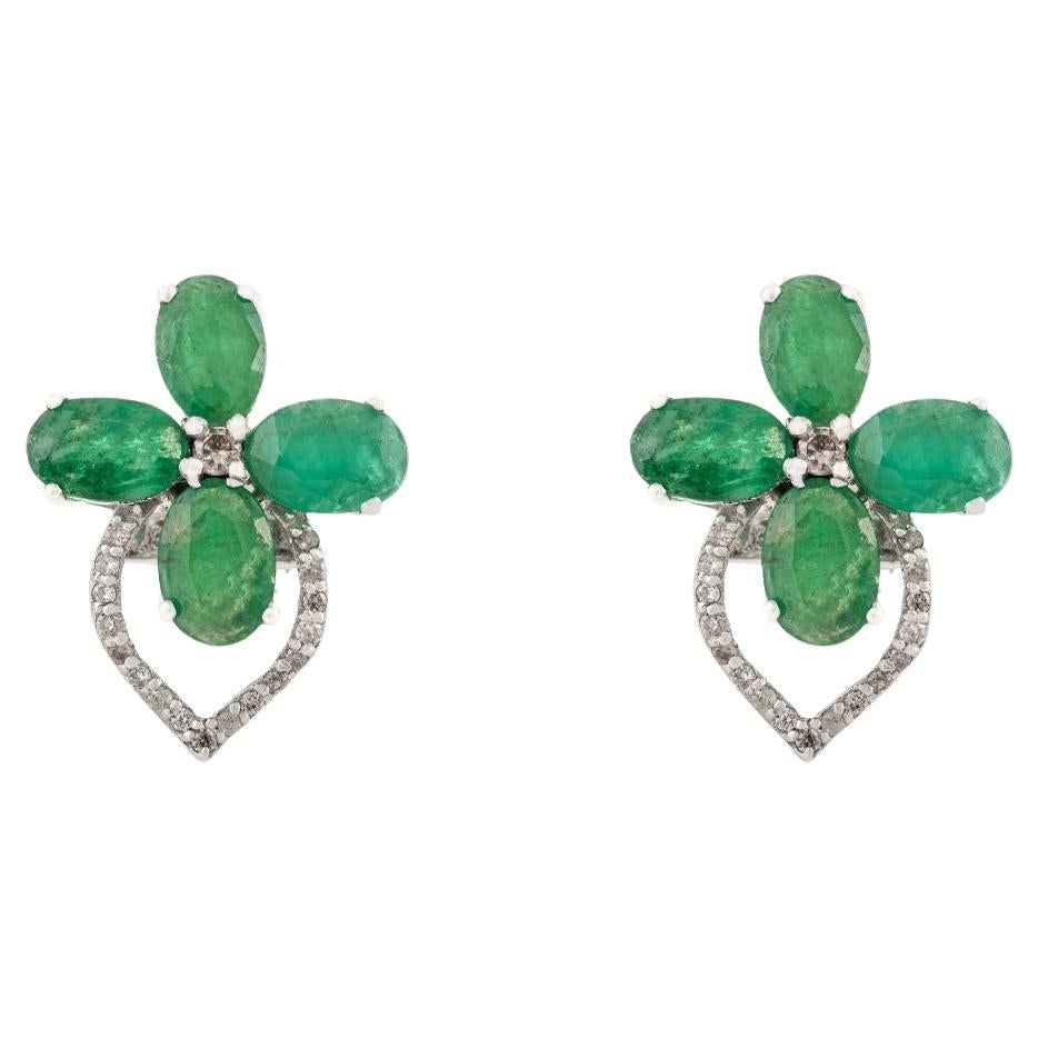 Silvorra 925 Silver Emerald Cluster Earrings with Diamond Blossom Openwork Studs For Sale
