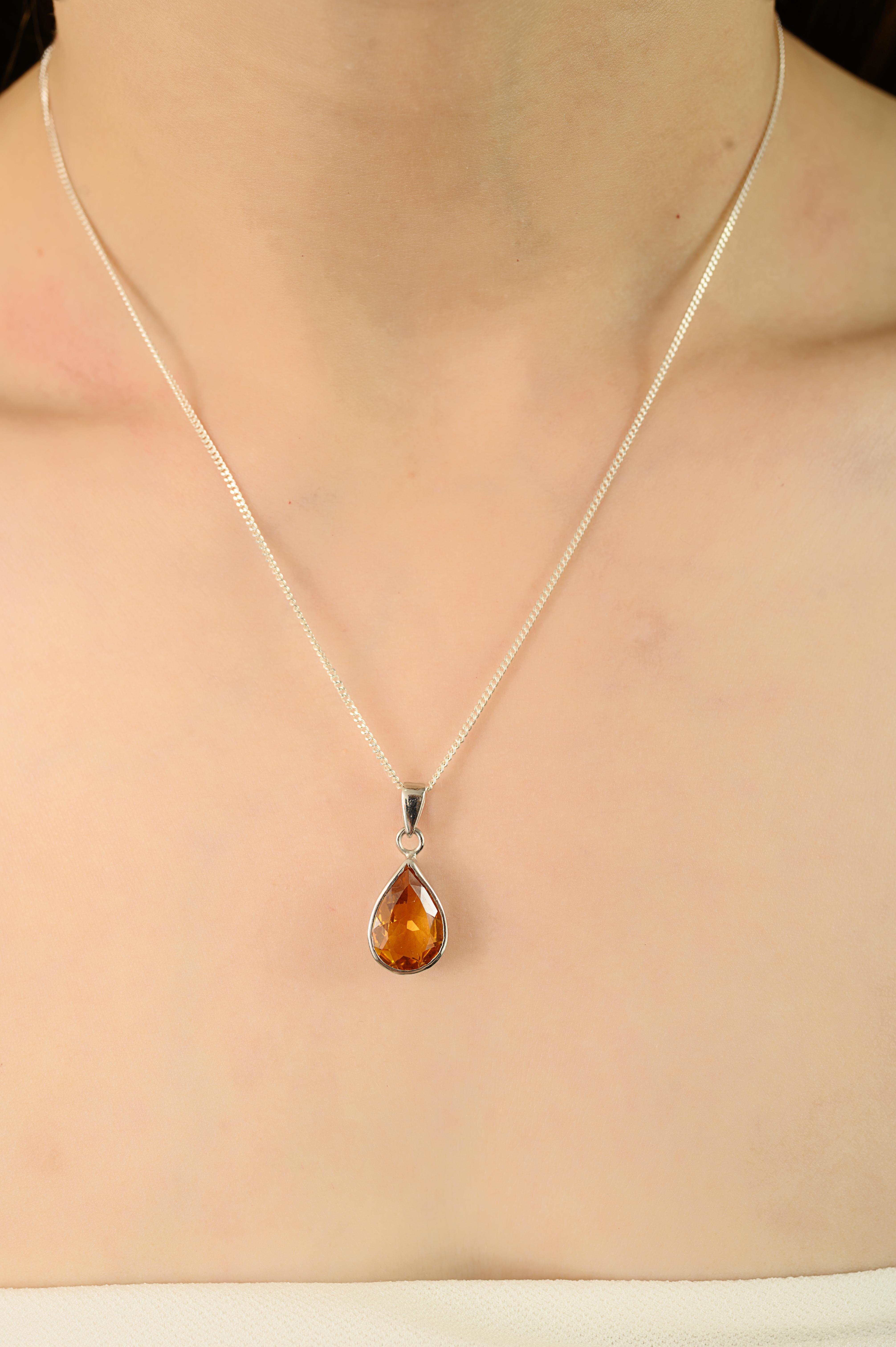 Women's Silvorra Handcrafted 4.17 cts Solitaire Citrine Pear Shape Pendant in 925 Silver For Sale