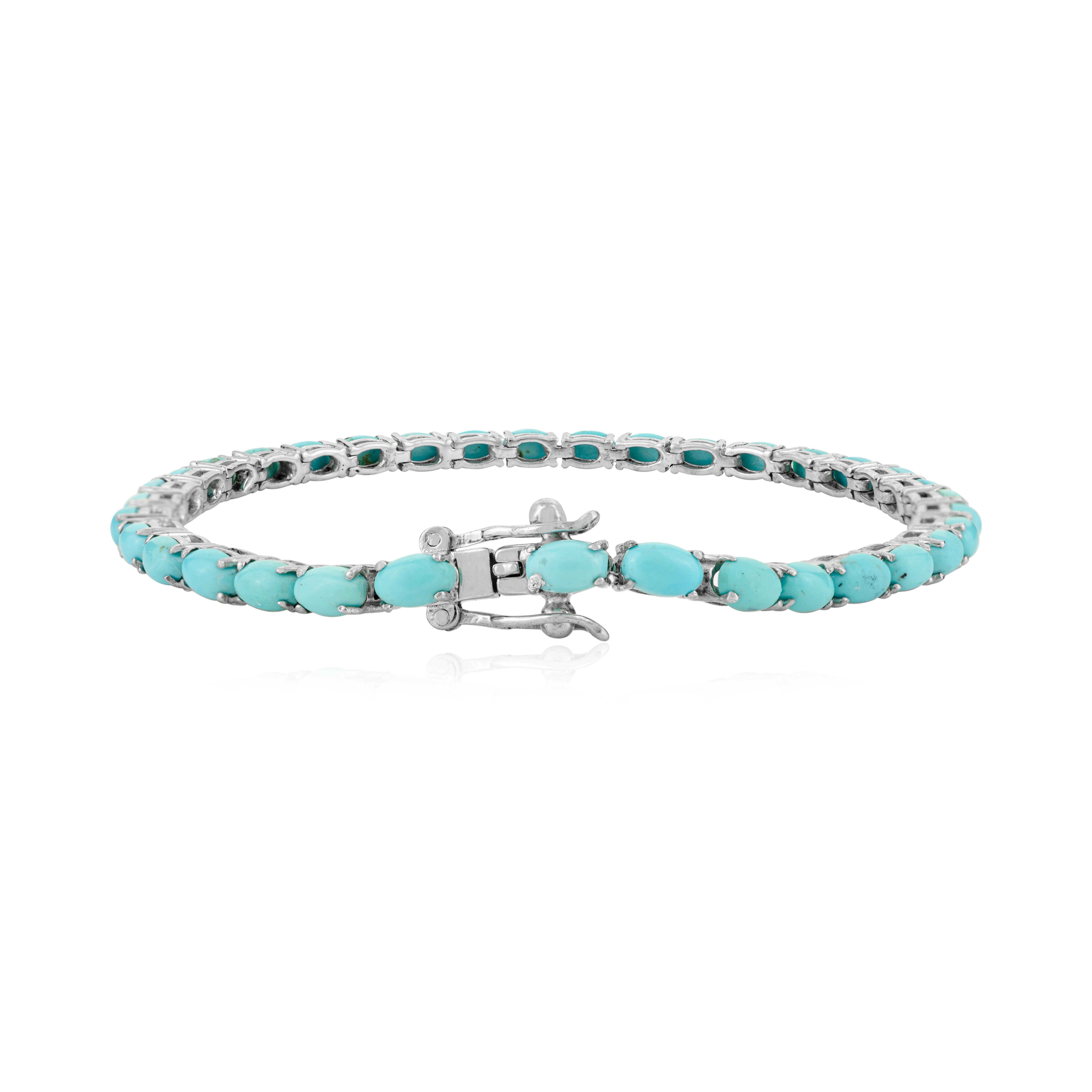 Silvorra Handcrafted 6.77 Ct Türkis Tennis Armband in 925 Sterling Silber im Angebot 4
