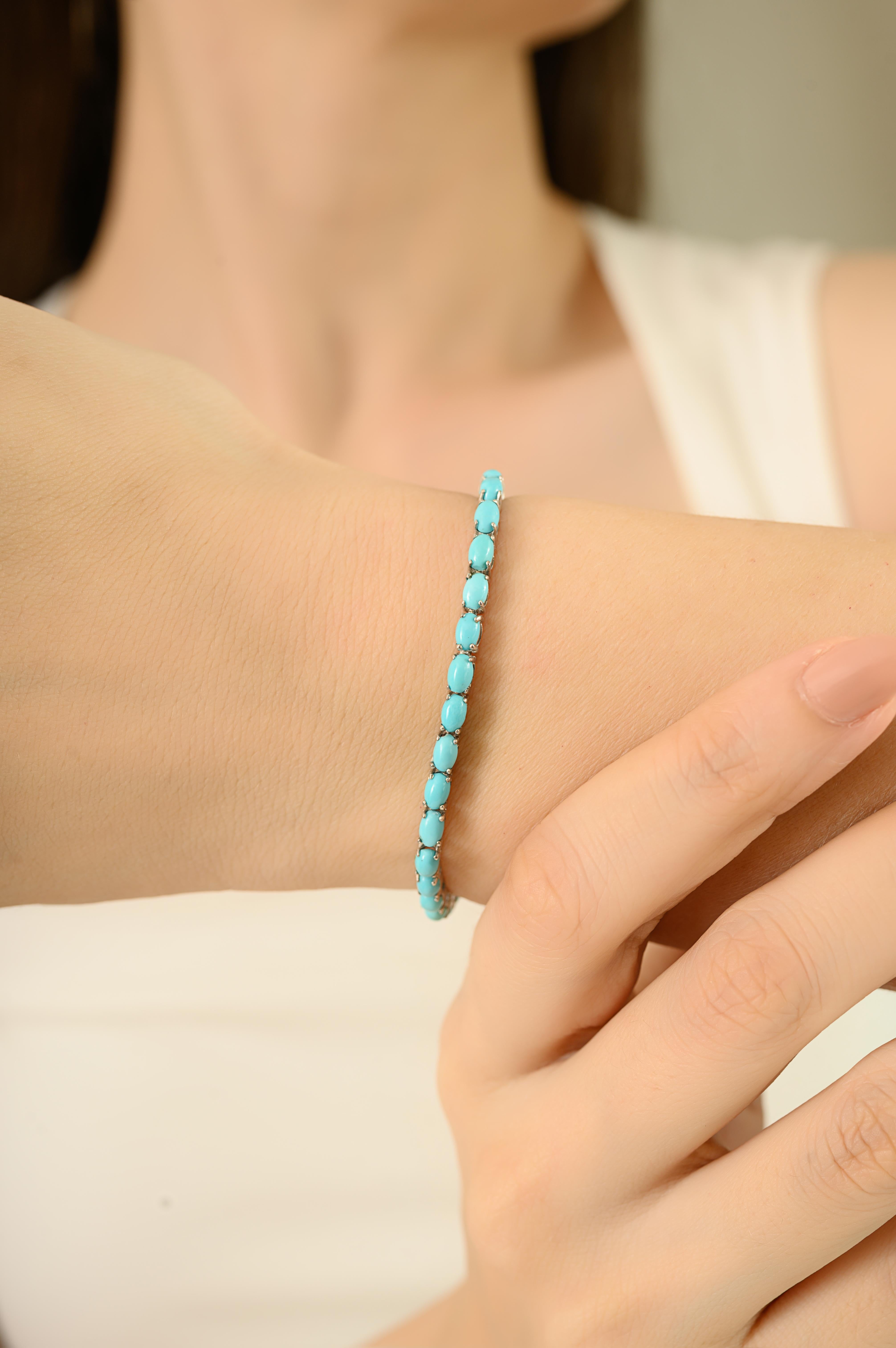 Silvorra Handcrafted 6.77 Ct Türkis Tennis Armband in 925 Sterling Silber (Ovalschliff) im Angebot