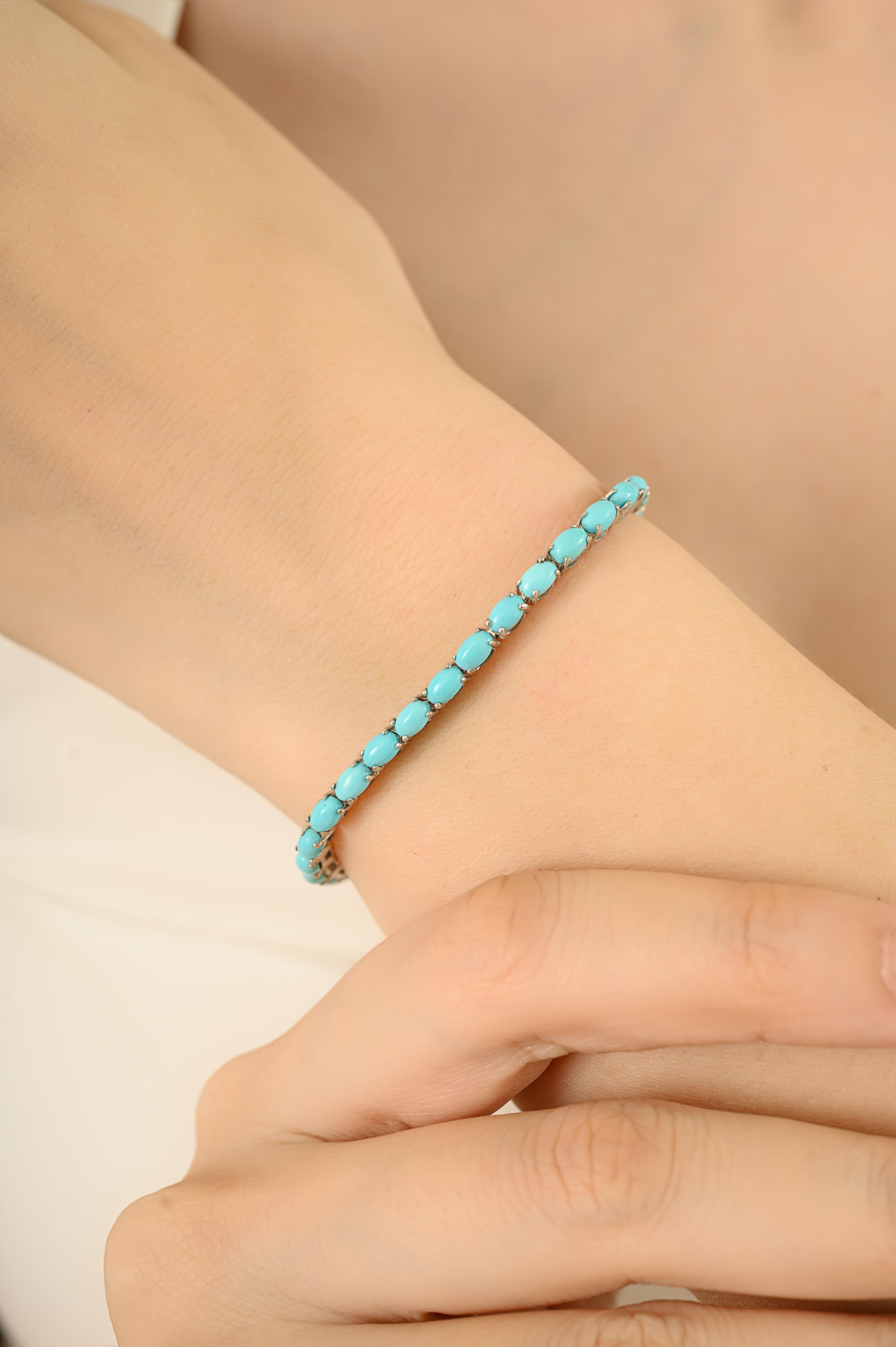 Silvorra Handcrafted 6.77 Ct Türkis Tennis Armband in 925 Sterling Silber Damen im Angebot