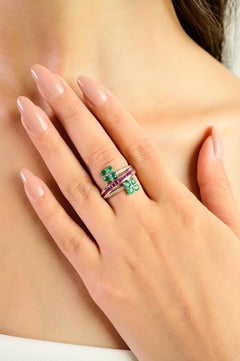 Silvorra Anillo de Plata 925 Hecho a Mano Esmeralda Natural y Rubí Bypass Diamante