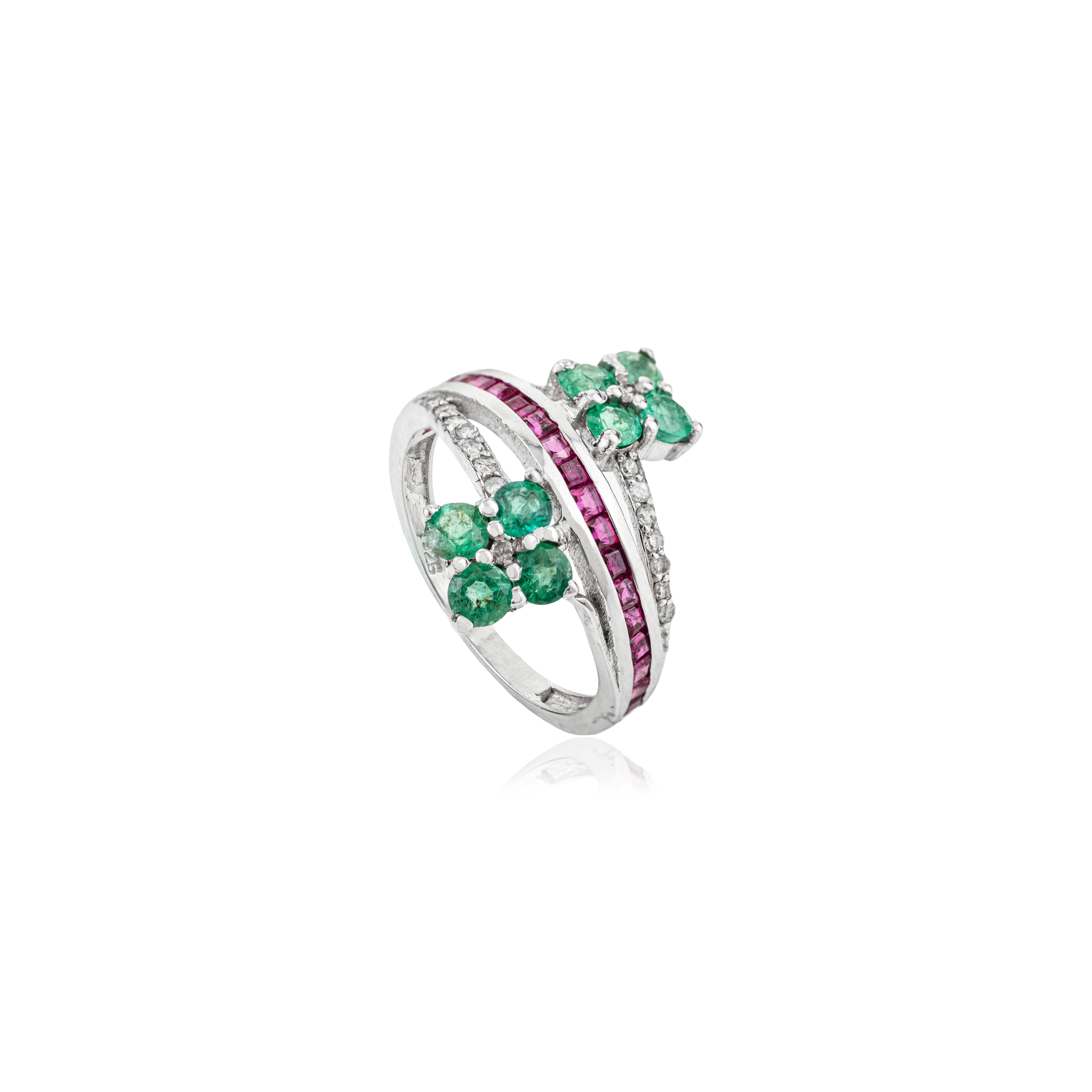 in vendita:  Silvorra Handcrafted Natural Emerald & Ruby Bypass Diamond 925 Silver Ring 3