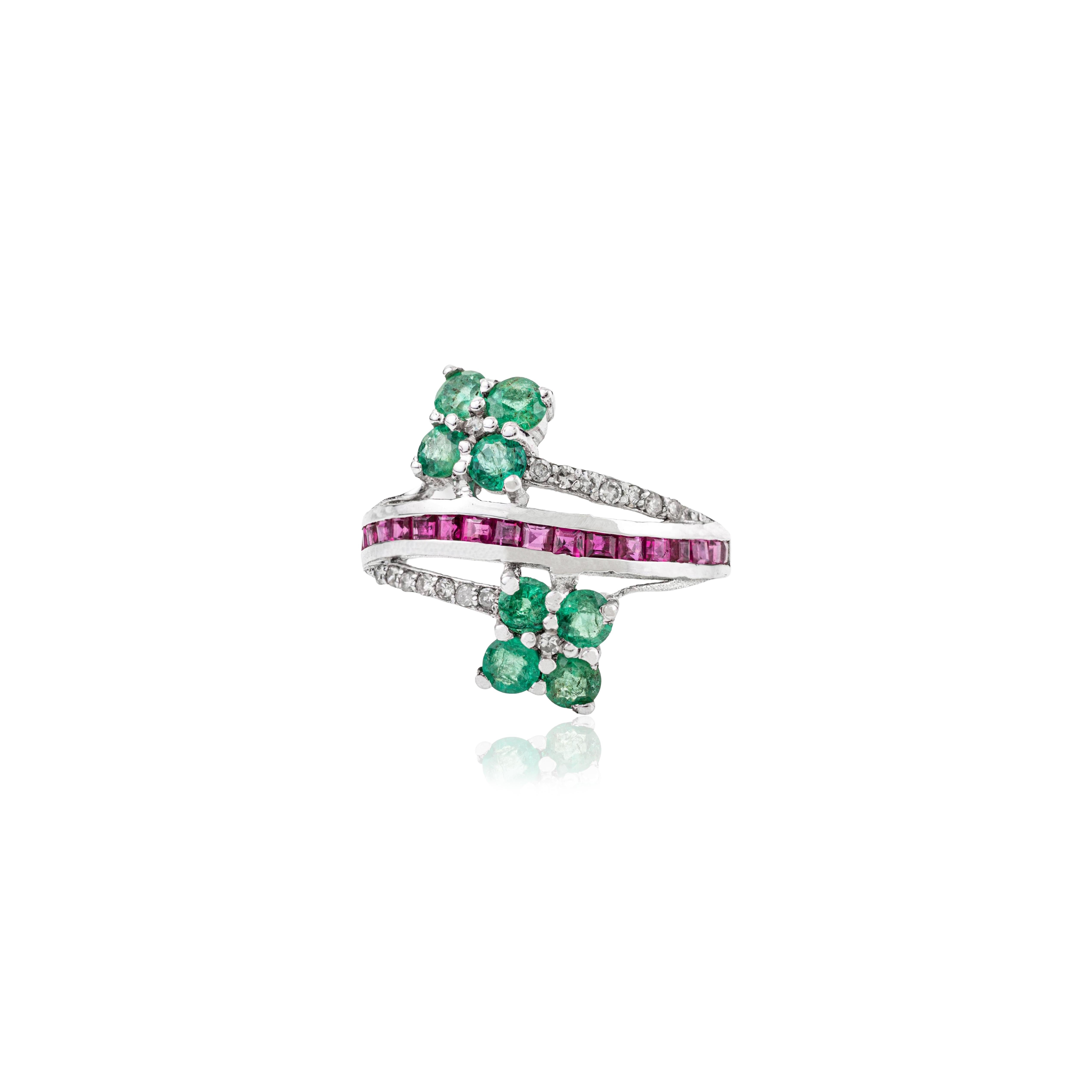in vendita:  Silvorra Handcrafted Natural Emerald & Ruby Bypass Diamond 925 Silver Ring 7
