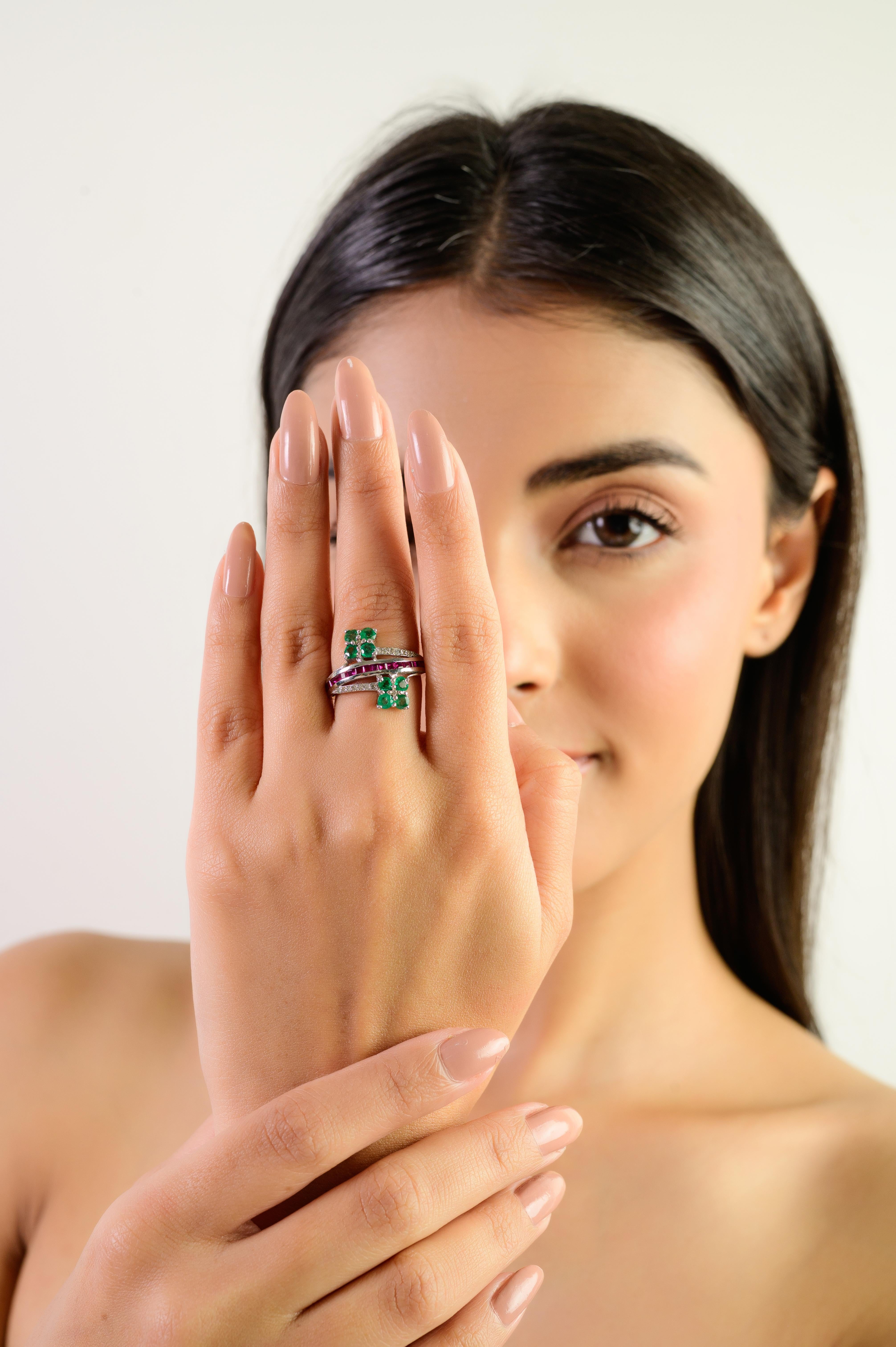 in vendita:  Silvorra Handcrafted Natural Emerald & Ruby Bypass Diamond 925 Silver Ring 8