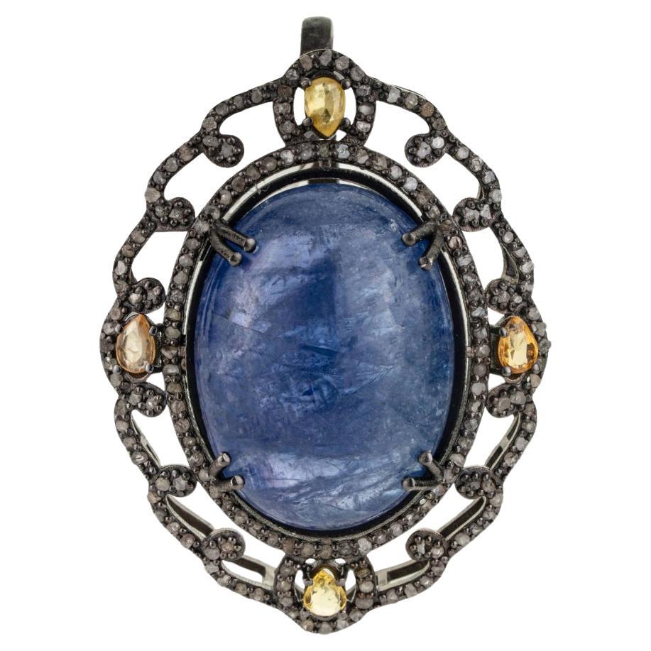 Silvorra Pendentif Cabochon Ovale Tanzanite Jaune Saphir et Diamant fait à la main