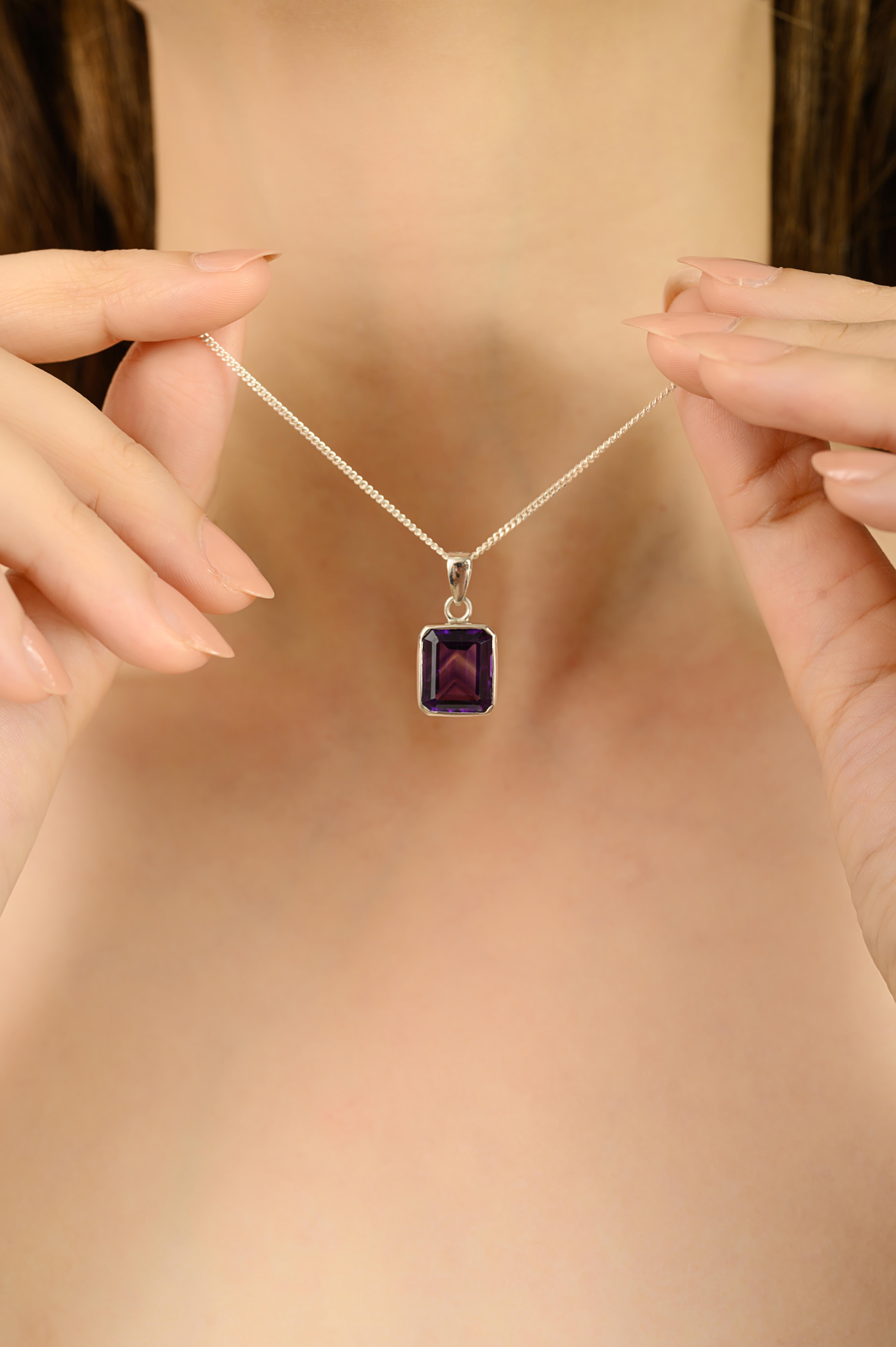 Octagon Cut Silvorra Handmade 5.76 Ct Natural Amethyst Solitaire Pendant in 925 Silver For Sale
