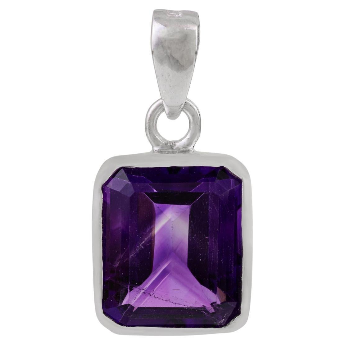 Silvorra Handmade 5.76 Ct Natural Amethyst Solitaire Pendant in 925 Silver