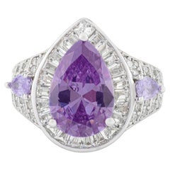 Silvorra Handmade Bold Teardrop Halo Ring in 925 Silver with Purple Cubic Zircon