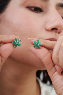 Silvorra Handmade Emerald & Diamond Flower Blossom Sterling Silver Stud Earrings