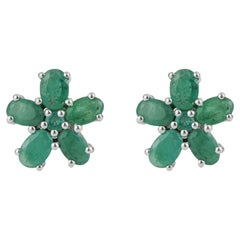 Silvorra Handmade Emerald & Diamond Flower Blossom Sterling Silver Stud Earrings