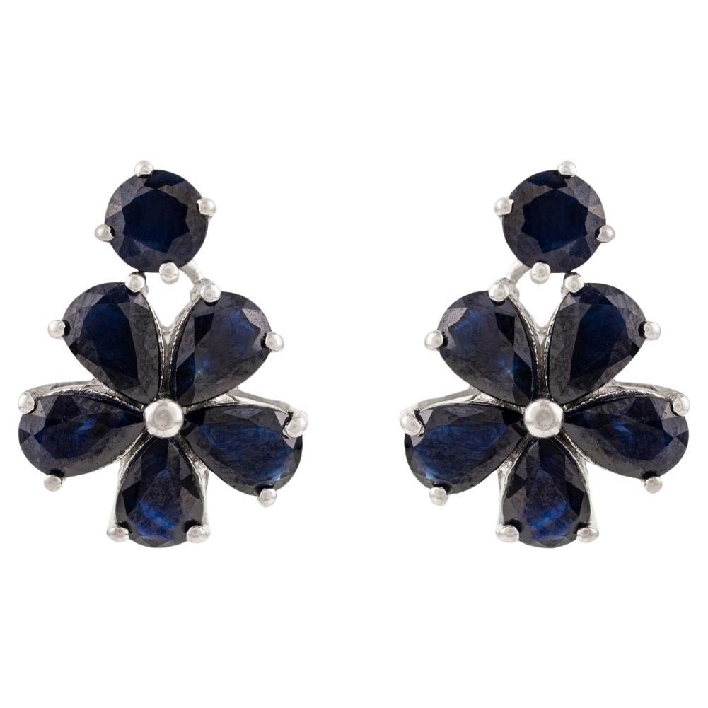 Silvorra Handmade Natural Blue Sapphire Floral Cluster Earrings in 925 Silver