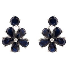 Silvorra Handmade Natural Blue Sapphire Floral Cluster Earrings in 925 Silver