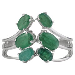 Silvorra Handmade Oval Emerald Leaf Motif Multi Stone Cluster Ring in 925 Silver