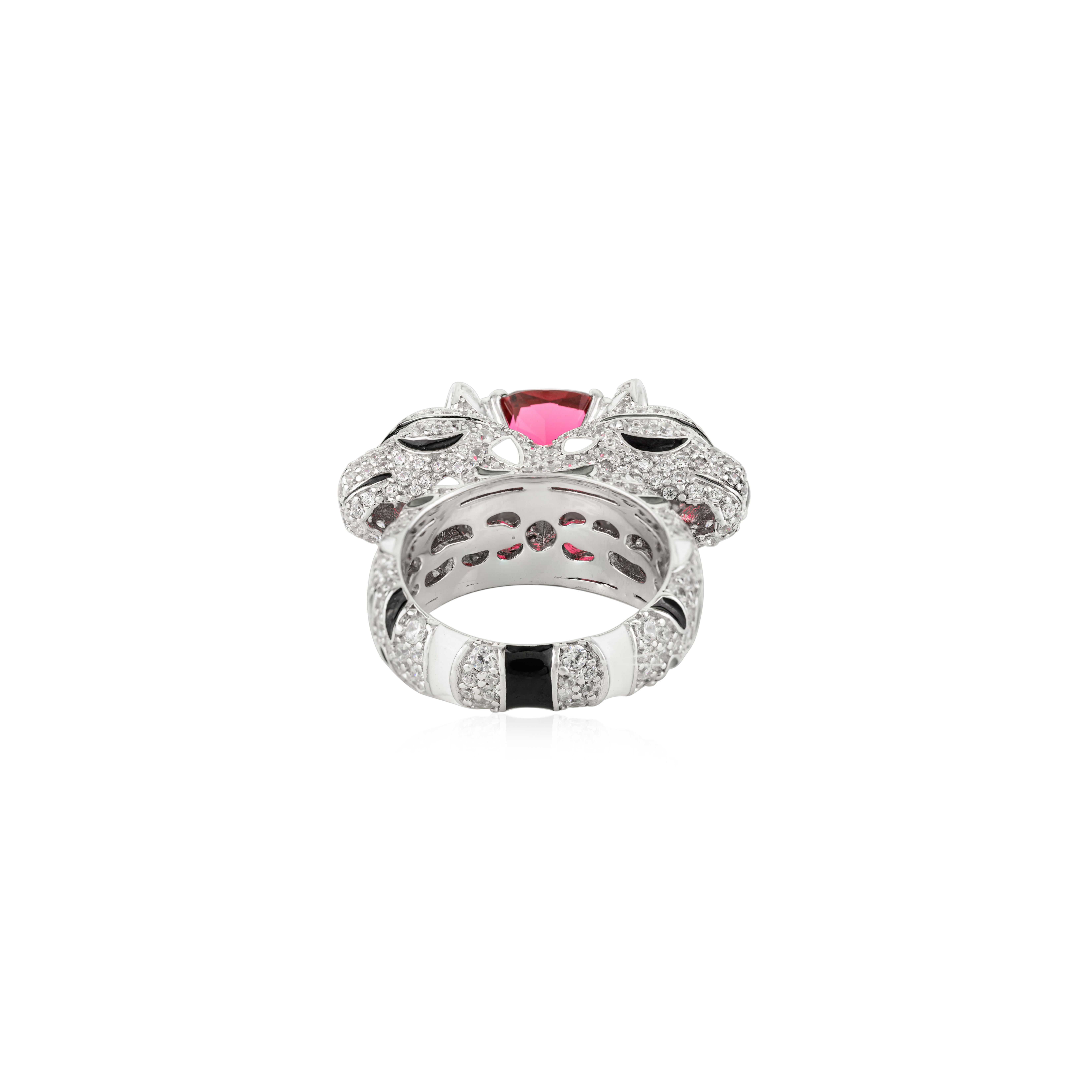 Silvorra Handmade Panther Animal Statement Silver Ring with Red & White Zircon (bague en argent avec panthère et zircon rouge et blanc) 10