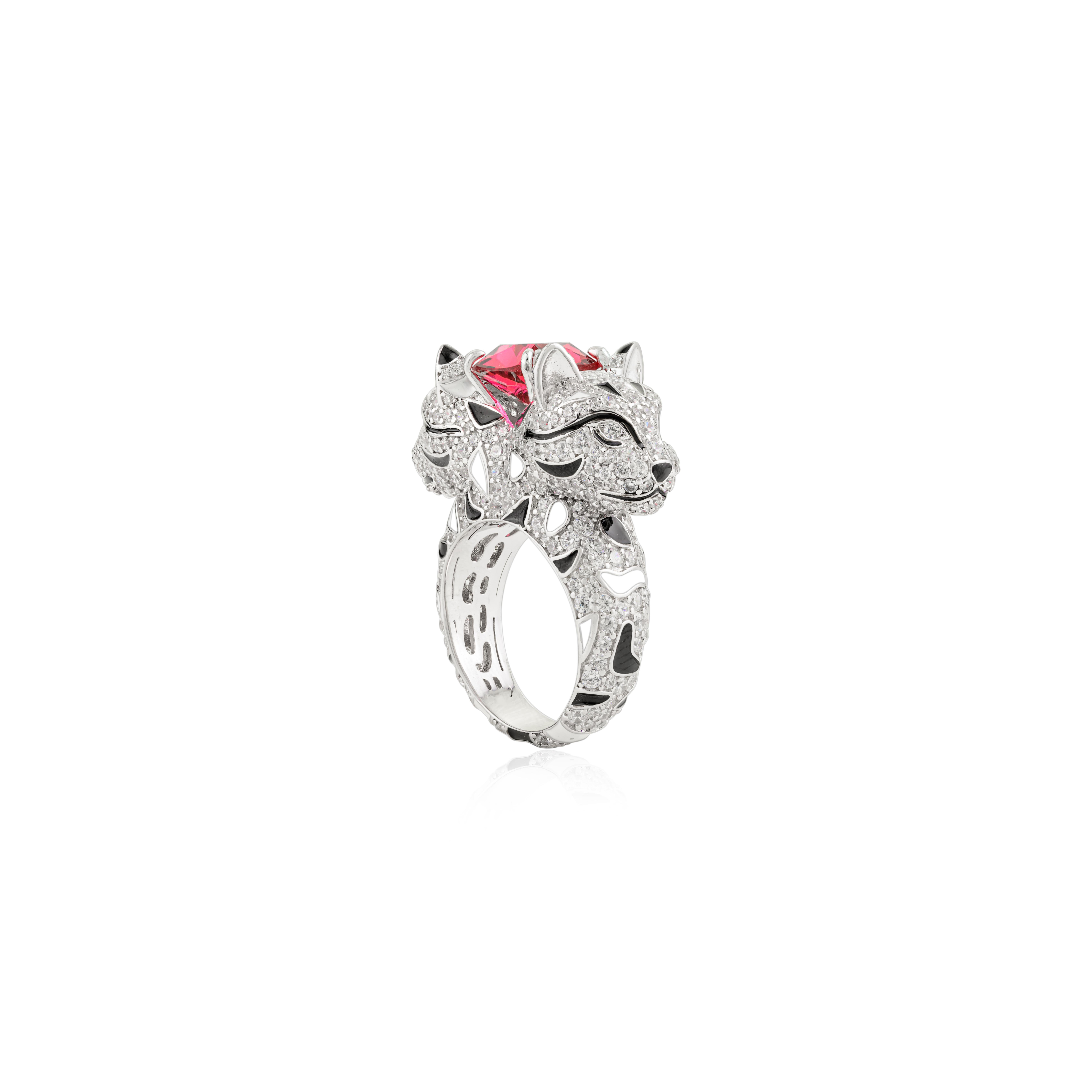 Silvorra Handmade Panther Animal Statement Silver Ring with Red & White Zircon (bague en argent avec panthère et zircon rouge et blanc) 3