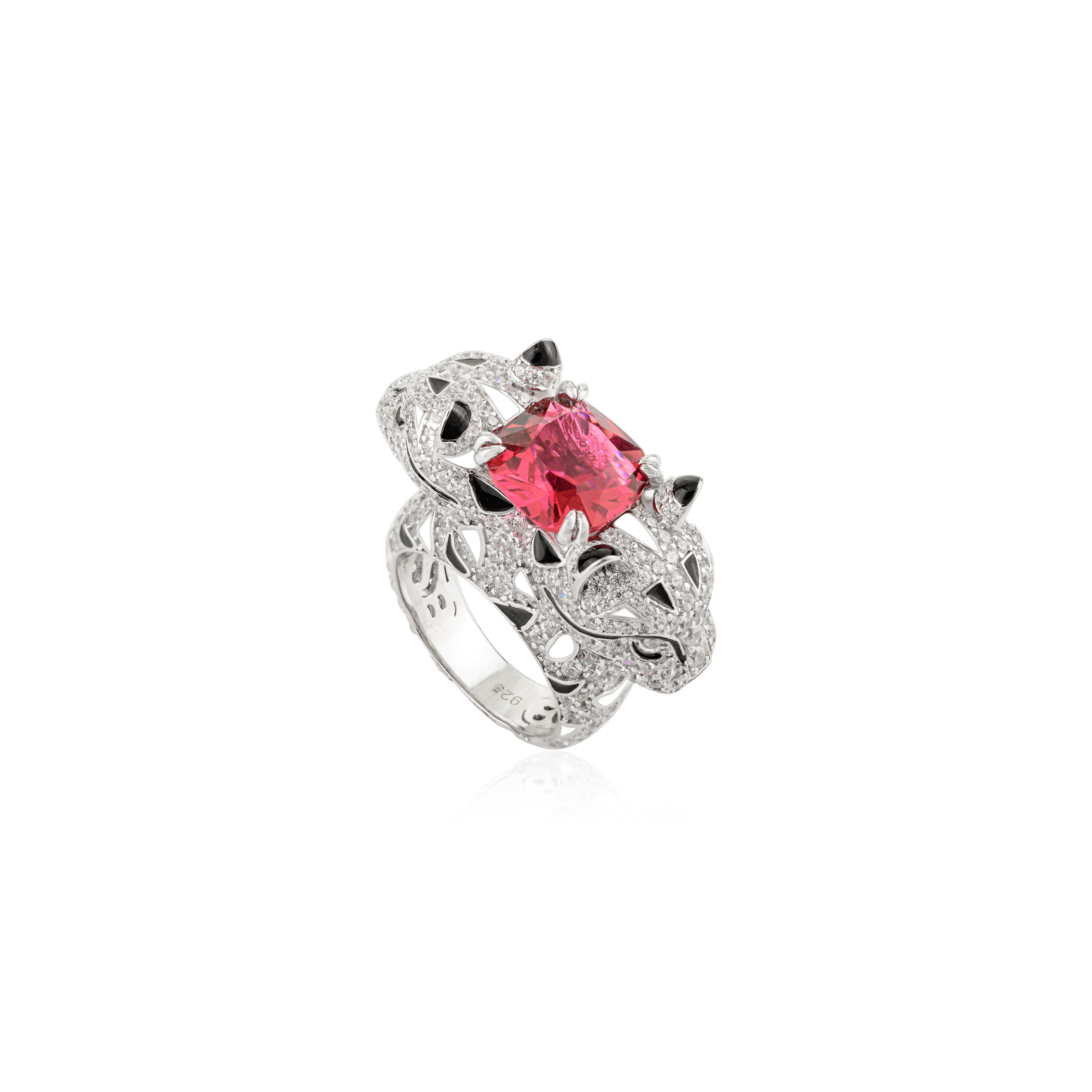 Silvorra Handmade Panther Animal Statement Silver Ring with Red & White Zircon (bague en argent avec panthère et zircon rouge et blanc) 5
