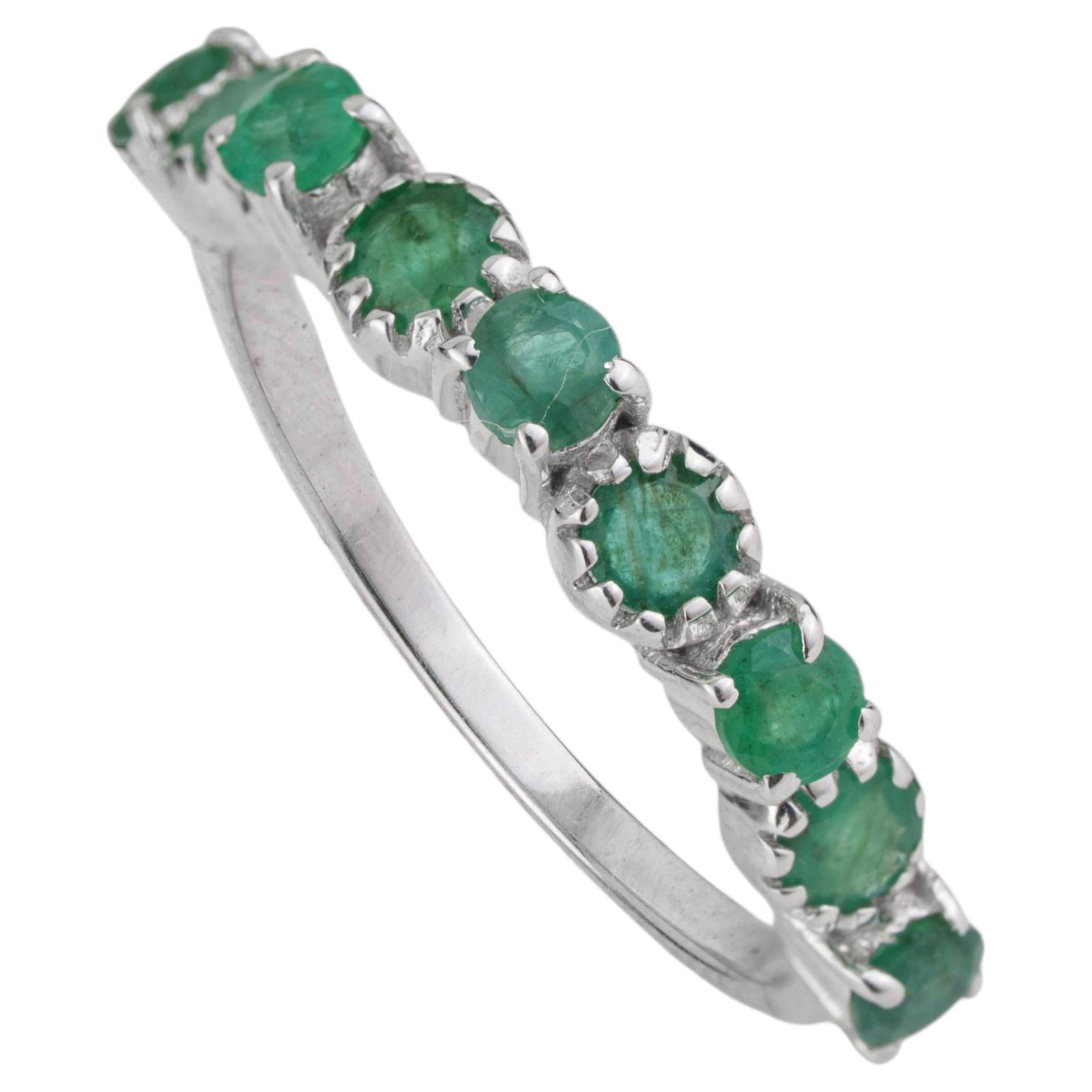 Silvorra Handmade Round Cut Emerald Multi Stone Half Eternity Band in 925 Silver