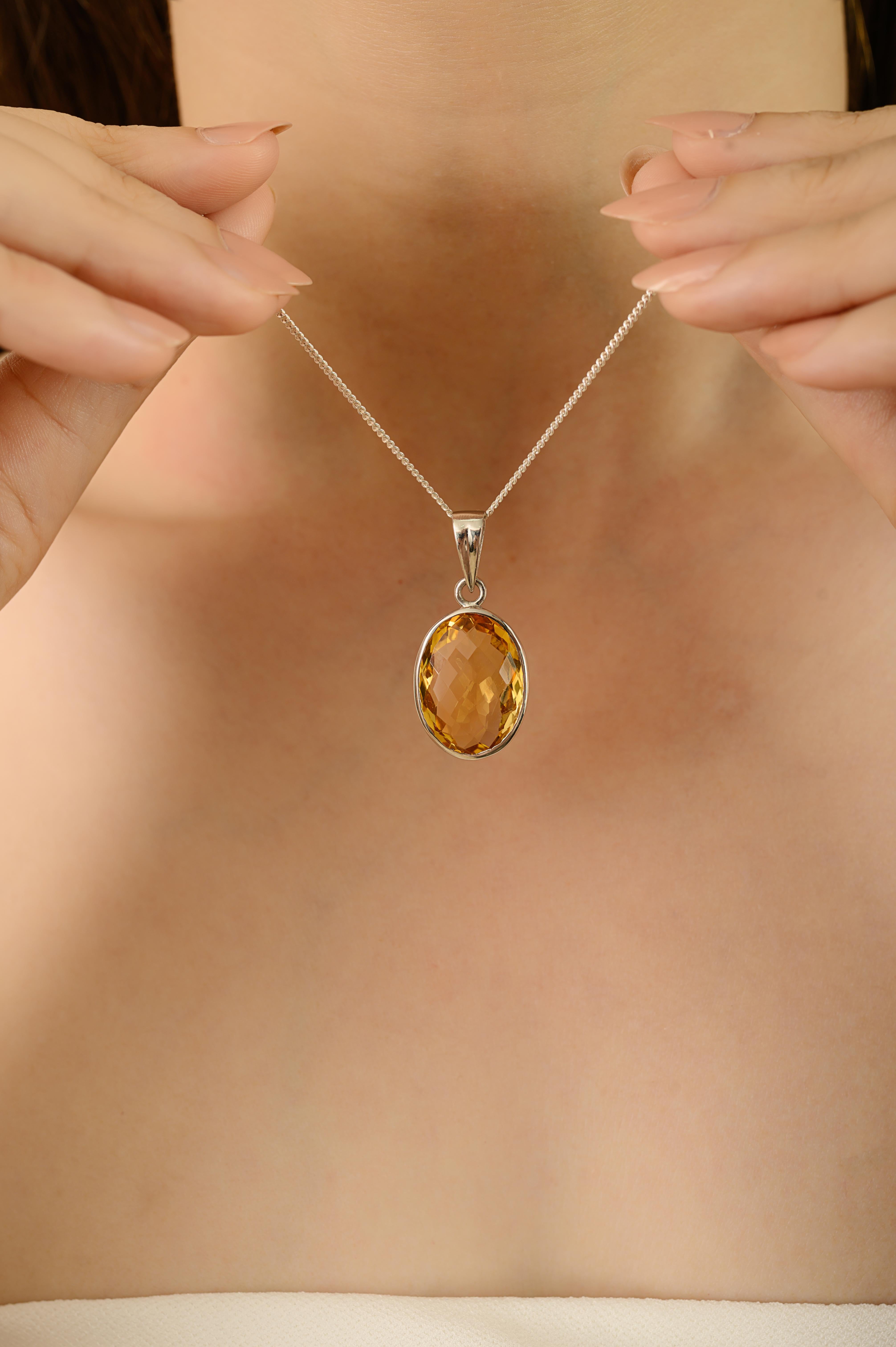 Oval Cut Silvorra Handmade 15 Ct Citrine November Birthstone Solitaire 925 Silver Pendant For Sale