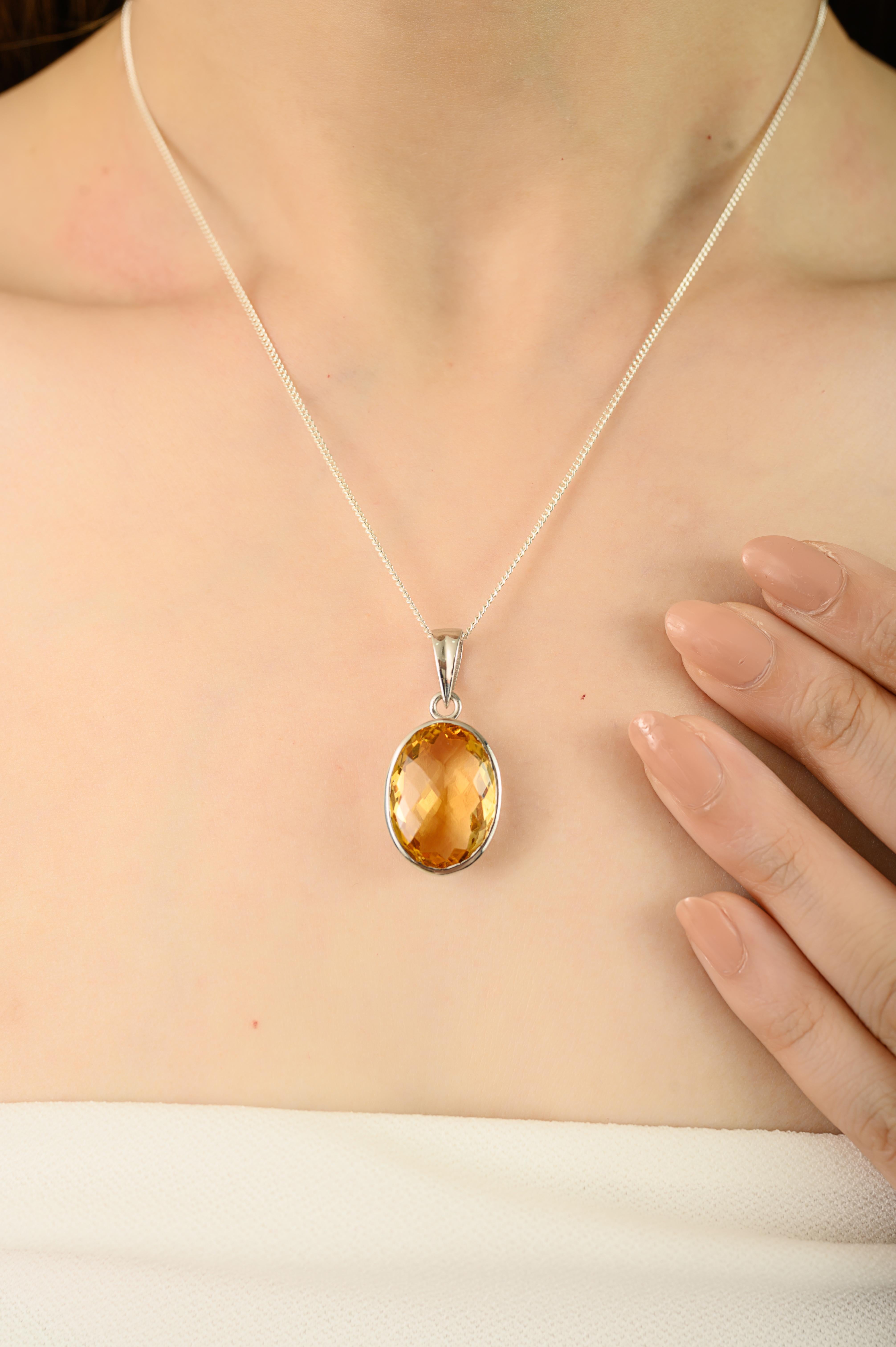 Women's or Men's Silvorra Handmade 15 Ct Citrine November Birthstone Solitaire 925 Silver Pendant For Sale
