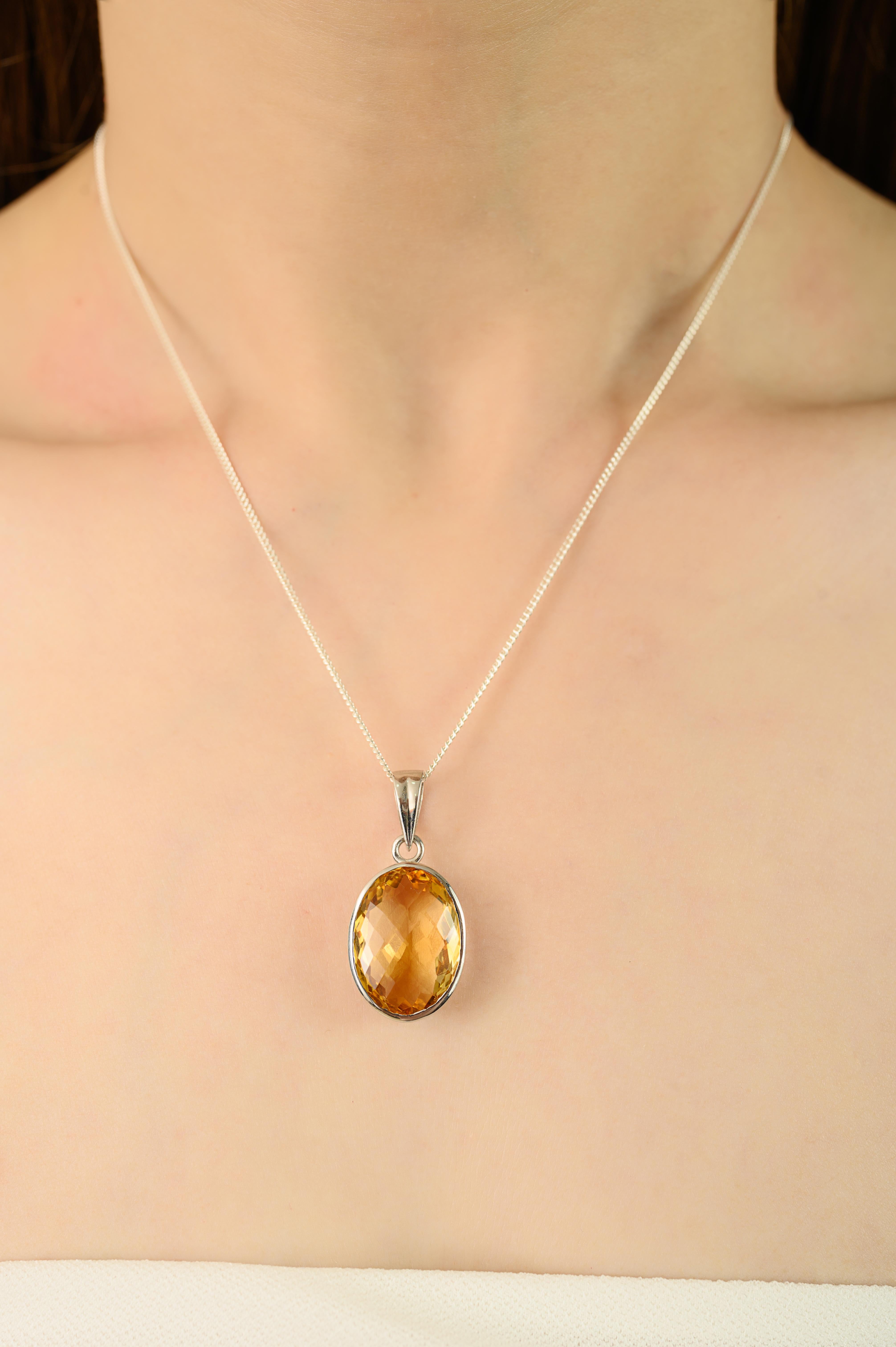 Silvorra Handmade 15 Ct Citrine November Birthstone Solitaire 925 Silver Pendant For Sale 2