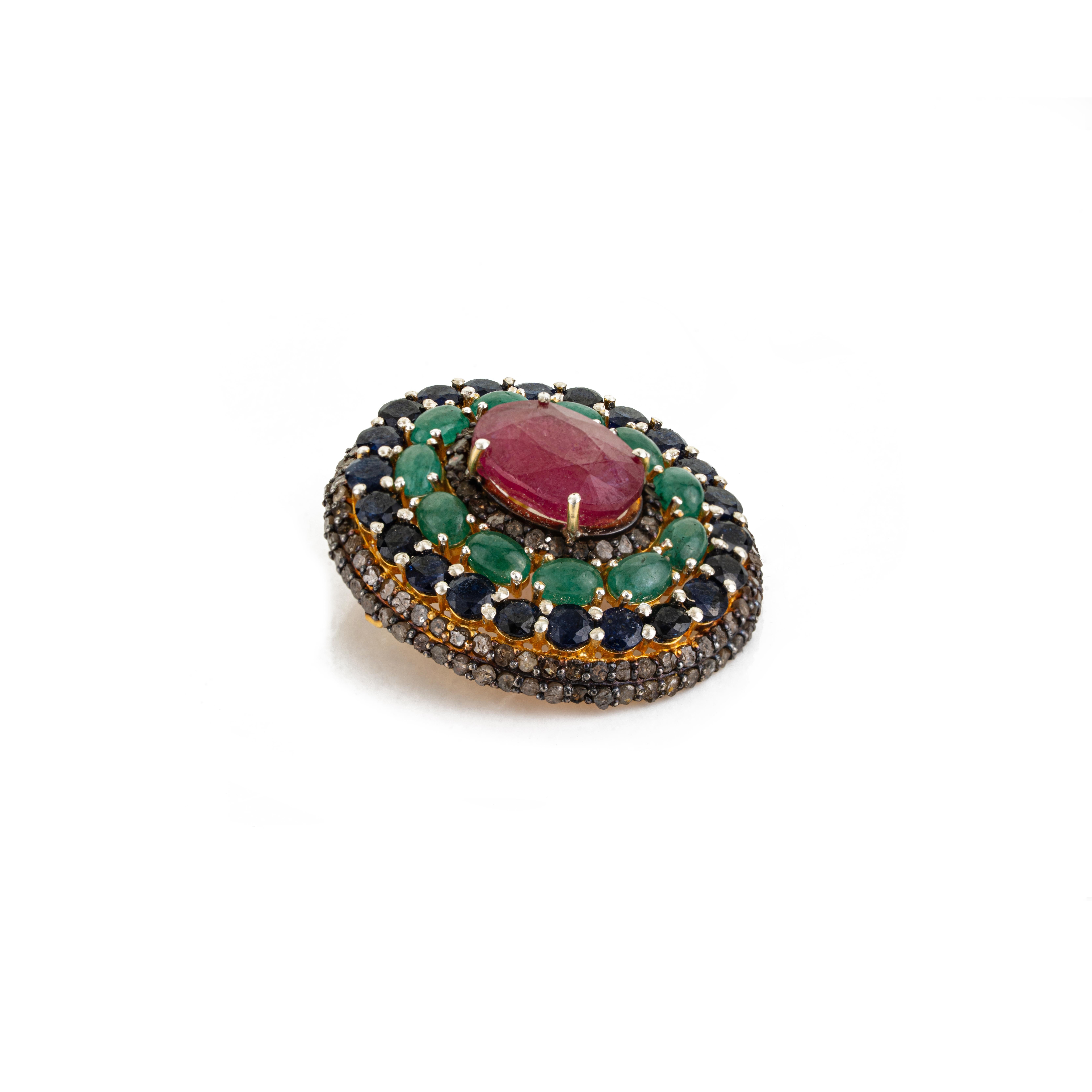 Ruby Design Merced Silvorra Layered Halo Design Ruby Emerald and Blue Sapphire Victorian ...