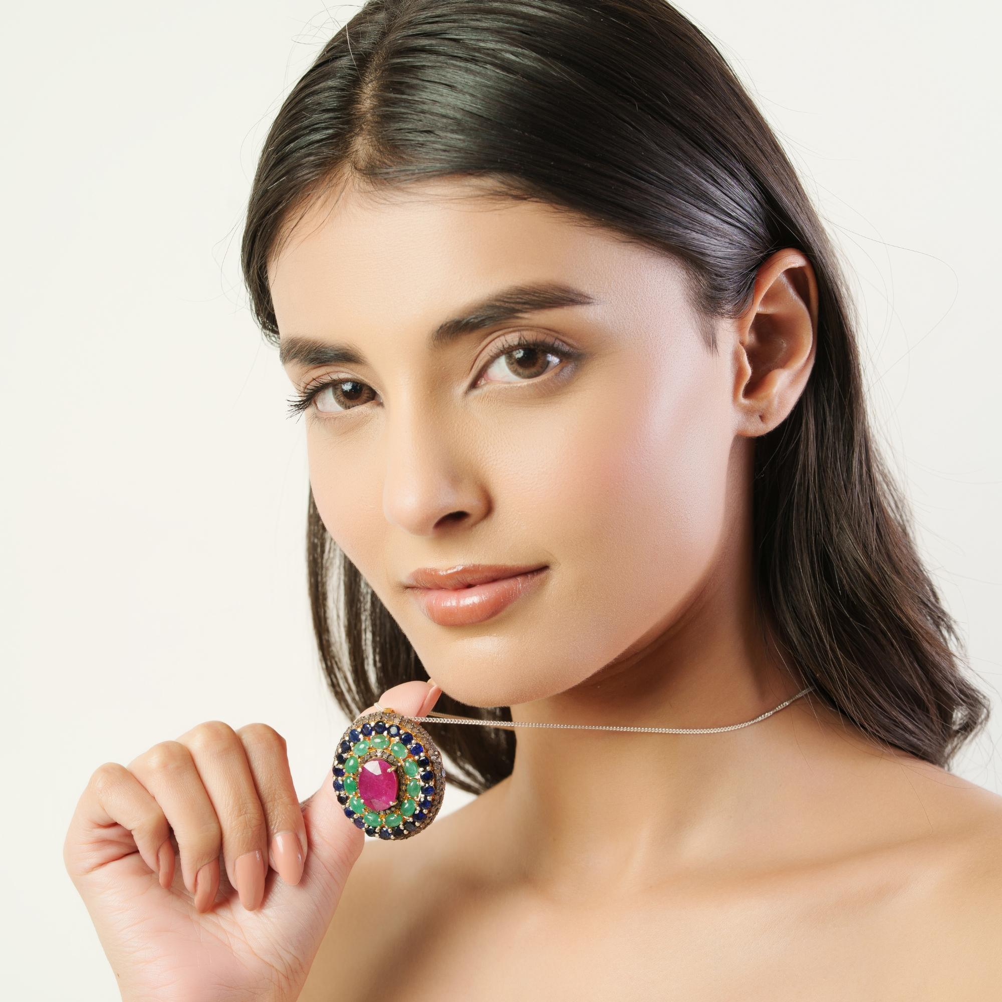 Silvorra Layered Halo Design Ruby Emerald and Blue Sapphire Victorian ...