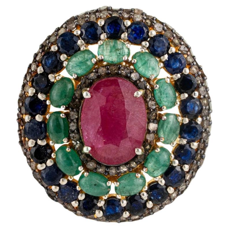 Silvorra Layered Halo Design Ruby Emerald and Blue Sapphire Victorian Pendant For Sale