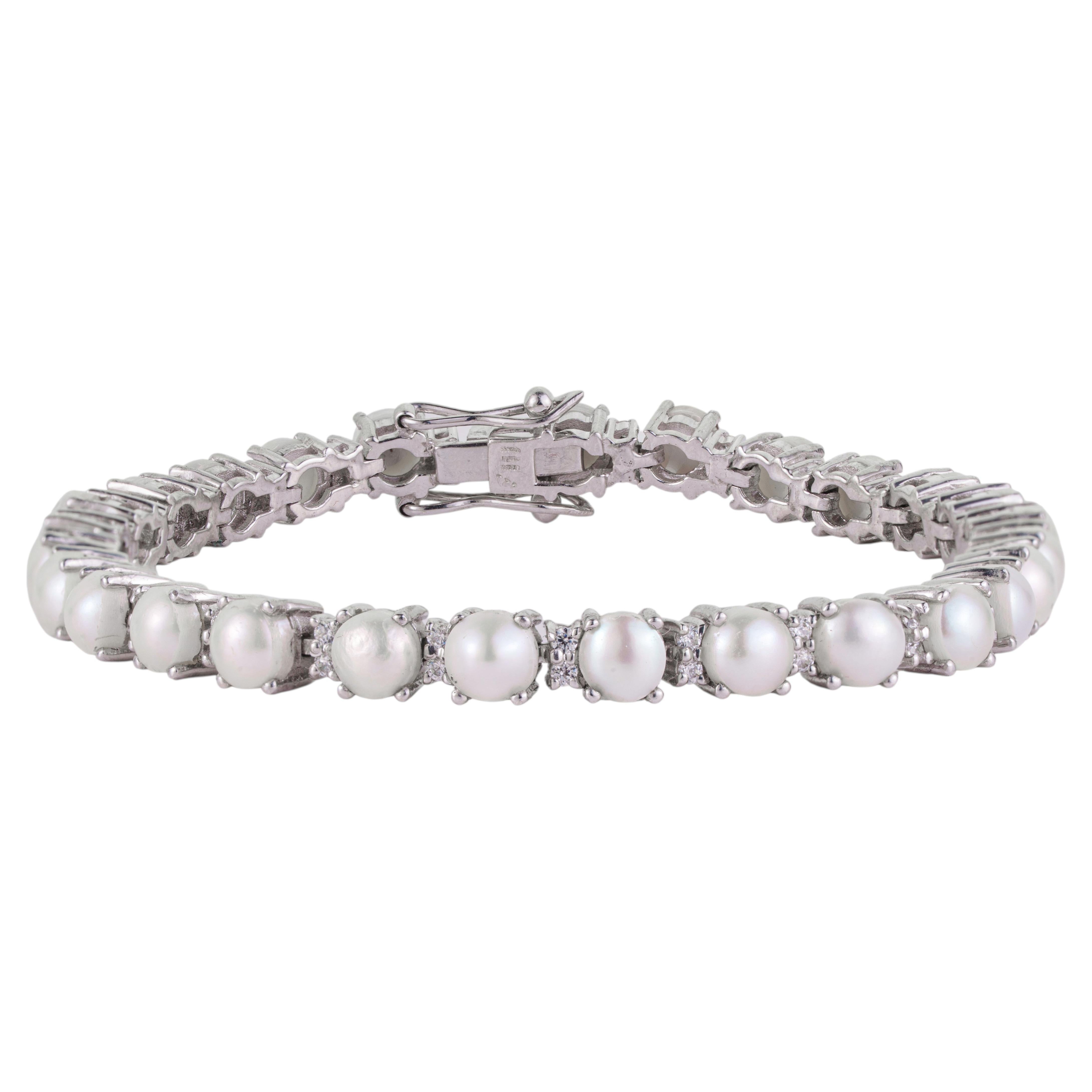 Pulsera Silvorra de la línea «Luminous Round Pearl» con circonitas, en plata maciza