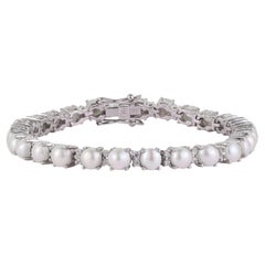 Silvorra Luminous Round Pearl Line Bracelet with Cubic Zirconia in Solid Silver