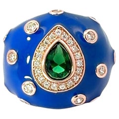 Silvorra Luxurious Blue Enamel & Green Zircon Dome Ring in 925 Sterling Silver
