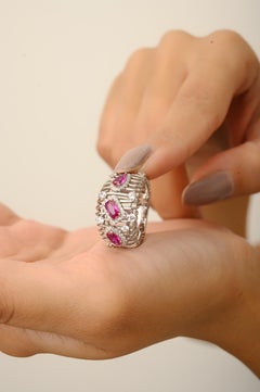 Silvorra Luxury 925 Sterling Silver Red & White Zircon Lattice Pattern Band Ring