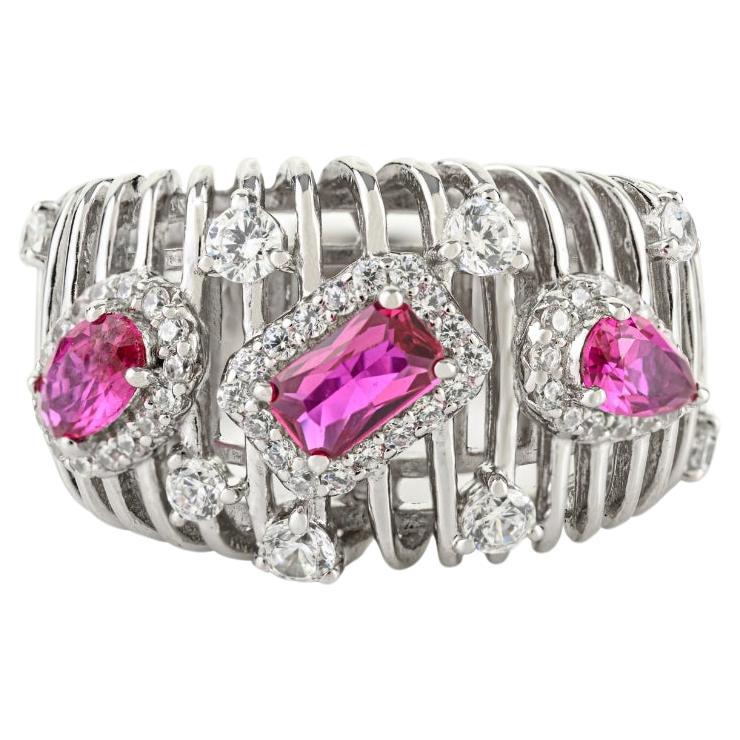 For Sale:  Silvorra Luxury 925 Sterling Silver Red 
White Zircon Lattice Pattern Band Ring