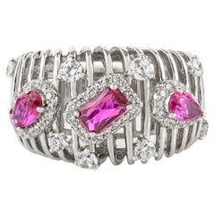 Silvorra Luxury 925 Sterling Silver Red & White Zircon Lattice Pattern Band Ring
