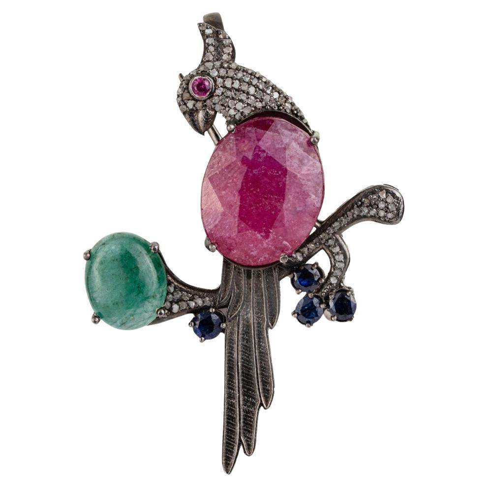 Silvorra Luxury Ruby Emerald Sapphire Diamond Parrot Motif Silver Brooch Pendant