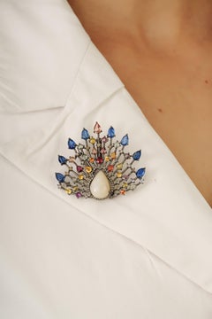 Silvorra Magnificent Multi-Sapphire & Opal Oxidised Fan Diamond Brooch Pendant