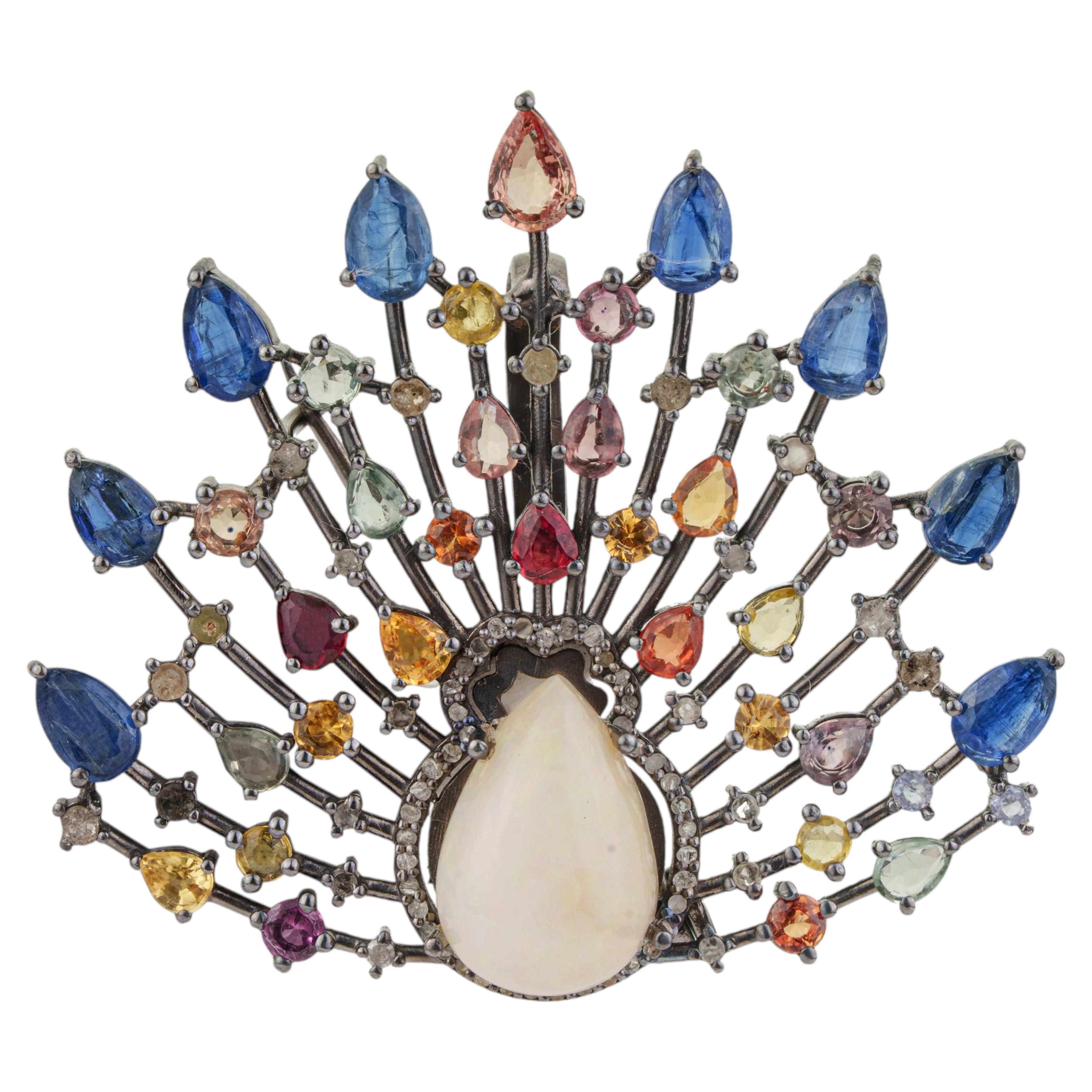 Silvorra Magnificent Multi-Sapphire & Opal Oxidised Fan Diamond Brooch Pendant