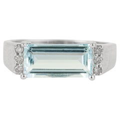Silvorra March Birthstone Aquamarine Baguette Cut Ring with Diamond Accents