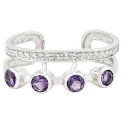 Silvorra Minimal Natural Amethyst & Zircon Open Cuff Ring in Sterling Silver