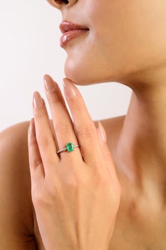 Silvorra Minimalist Emerald & Diamond Solitaire Silver Ring for Girlfriend Gift