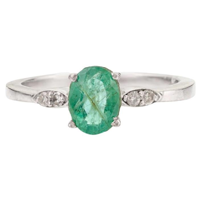 For Sale:  Silvorra Minimalist Emerald 
Diamond Solitaire Silver Ring for Girlfriend Gift