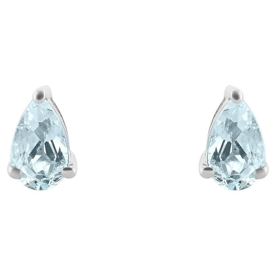 Silvorra Minimalist March Birthstone Aquamarine Stud Earrings in 925 Silver