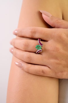 Silvorra Moderna 2,55ct Smeraldo e Rubino Intarsio Bypass Anello d'Argento Regalo di nozze