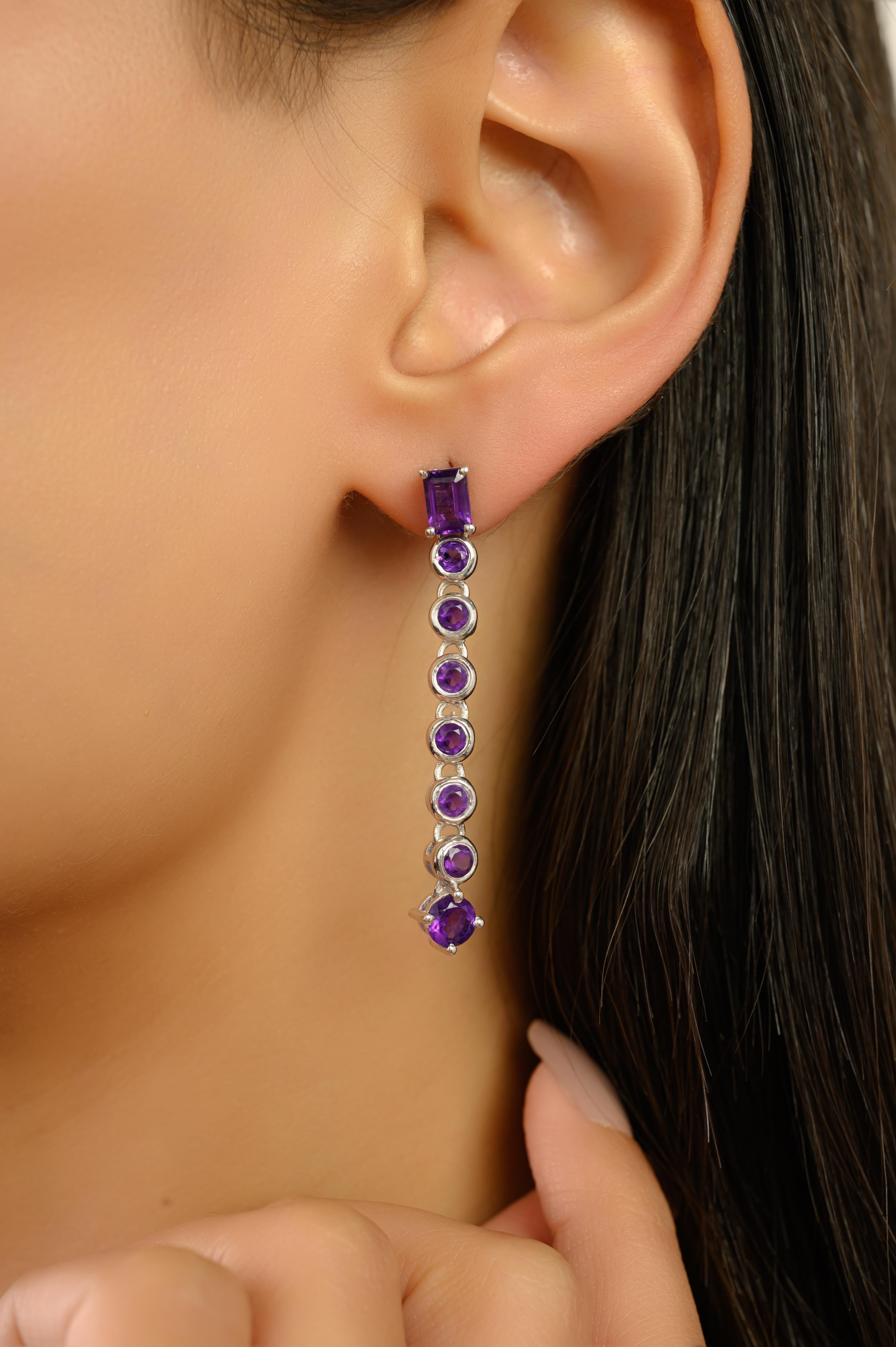 Taglio misto Silvorra Moderna 4,25 Ct Ametista Lunga Lineare Orecchini in Argento 925 Regalo di Natale in vendita