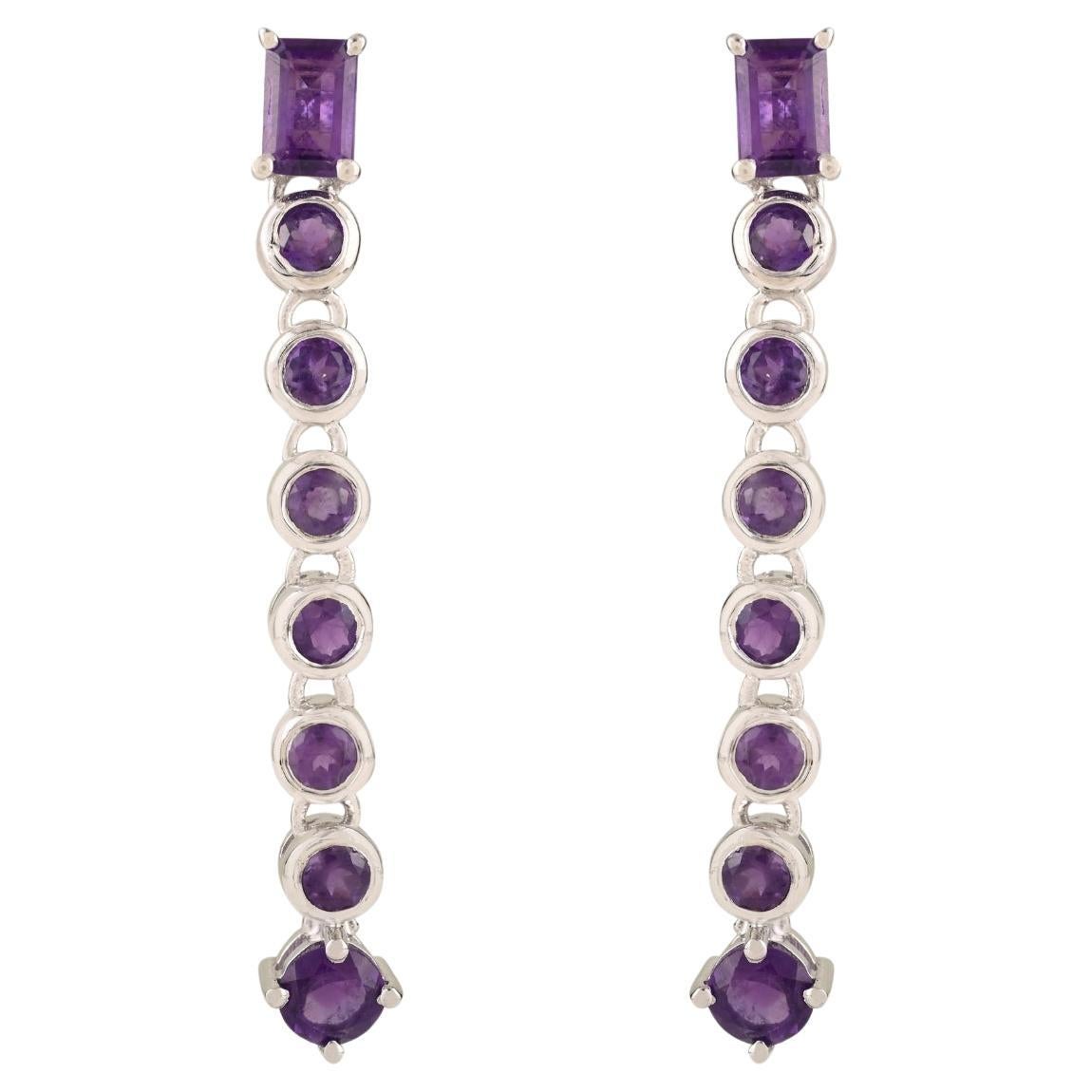 Silvorra Modern 4.25 Ct Amethyst Long Linear 925 Silver Earrings Christmas Gift