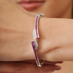 Silvorra Modern 925 Silver Channel-Set Ruby Diamond Crisscross Bangle Bracelet