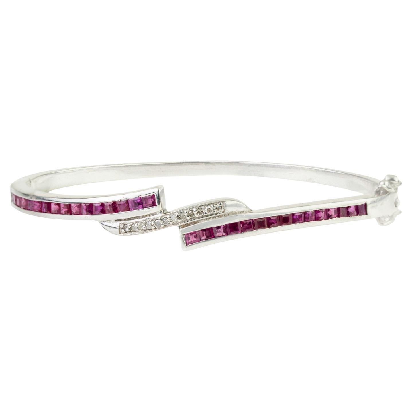 Silvorra Modern 925 Silver Channel-Set Ruby Diamond Crisscross Bangle Bracelet